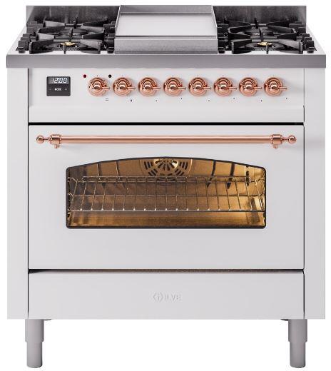 White dual fuel range with copper control knobs, burners, and oven window