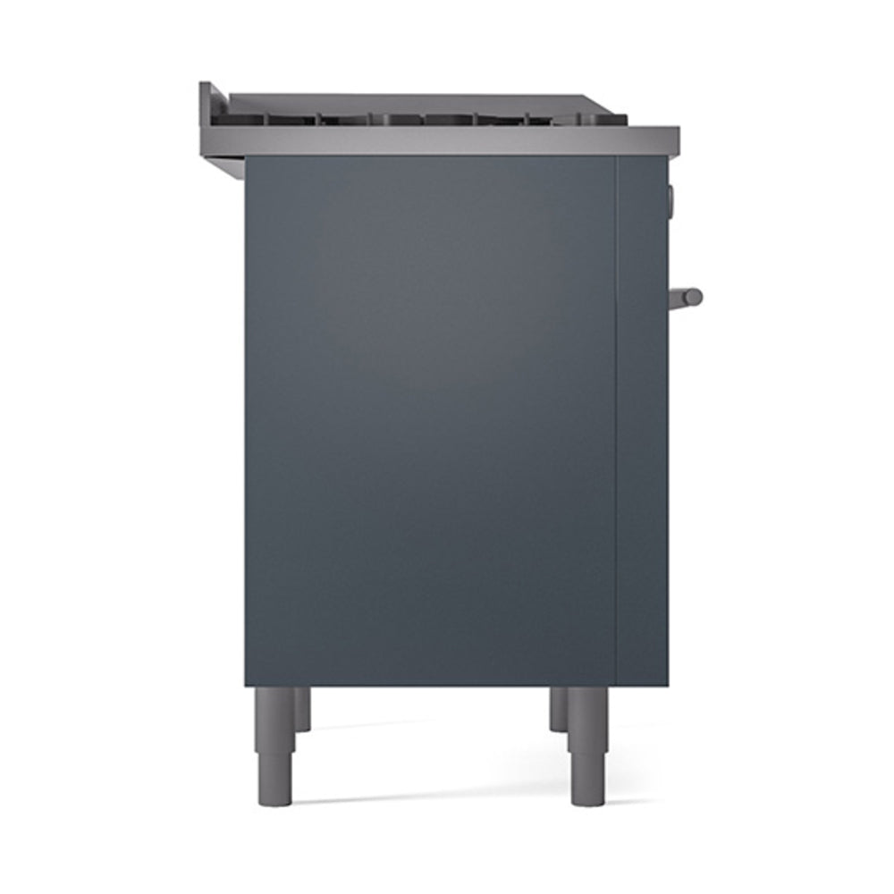 Blue grey solid oven door with integrated handle on a dual-fuel gas range