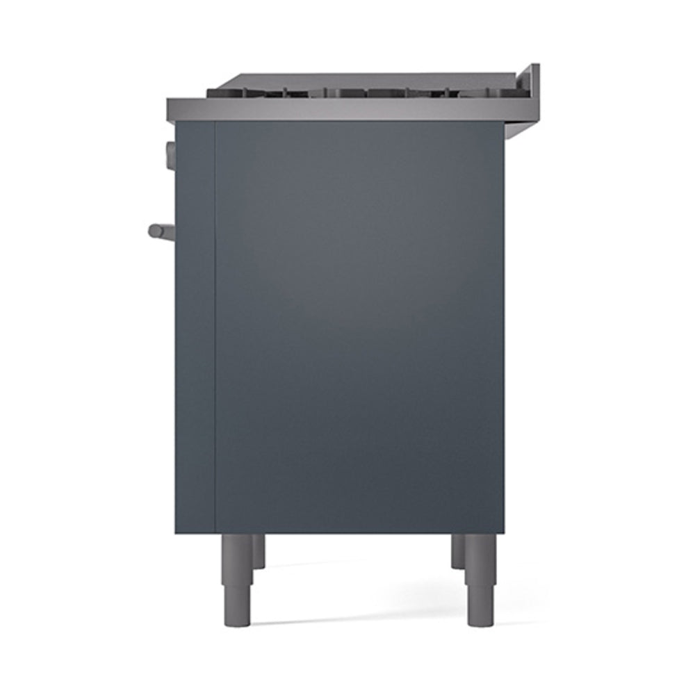 Blue grey dual-fuel gas range with front solid oven door, handle, and side panels