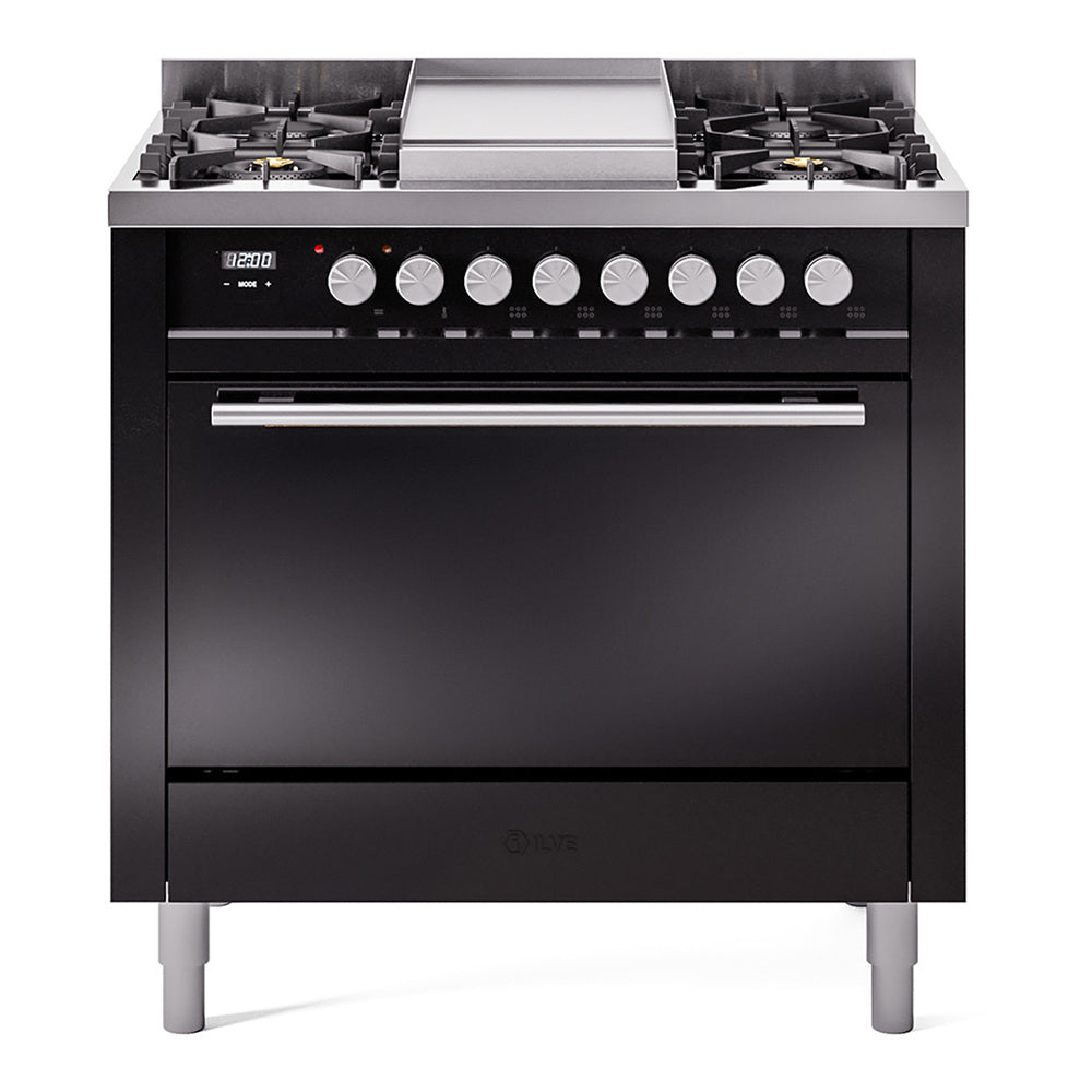 Glossy black gas dual fuel range with six burners, control knobs, and closed oven door