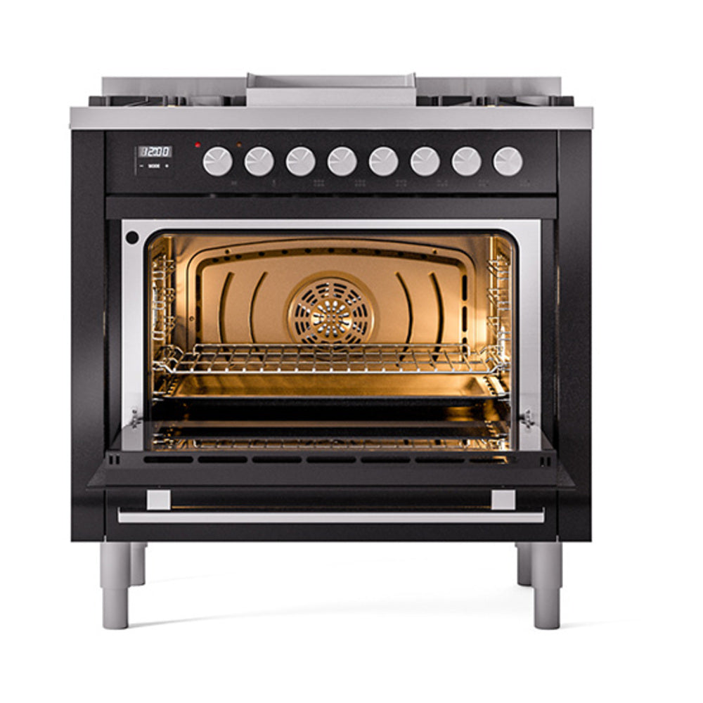 Glossy black gas dual fuel range with open oven door and visible roasting interior