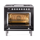 ILVE 36-Inch Professional Plus II Natural Gas Dual Fuel Range with 6 Burners and Solid Door in Glossy Black (UP36FQMPBK)
