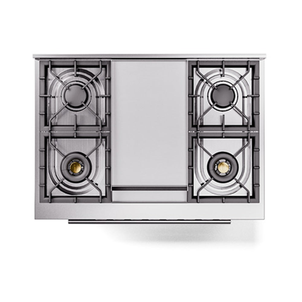Dual-burner cooktop with cast grates and four burner components on stainless panels