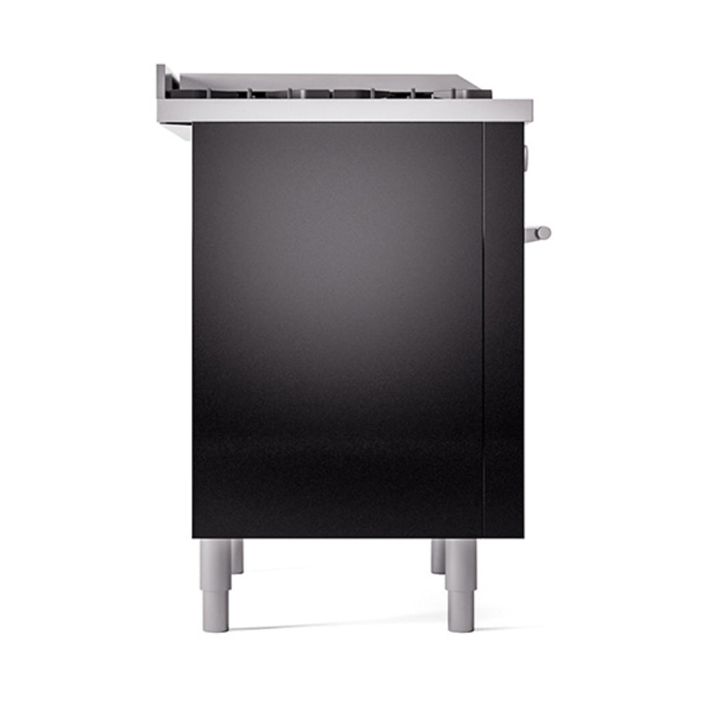 Glossy black dual-fuel range side panel with metal trim and protruding handle