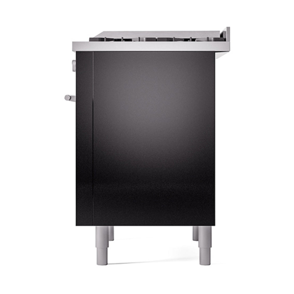 Glossy black range side with oven door panel and stainless top trim