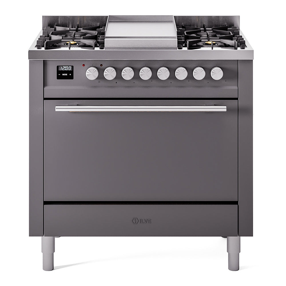 Matte graphite dual fuel gas range front view with control knobs, six burners, and door