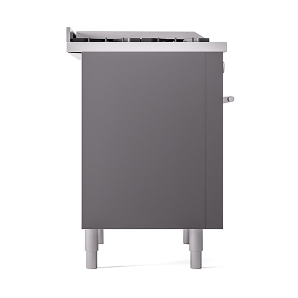 Matte graphite range side panel with small side knob and rear control area