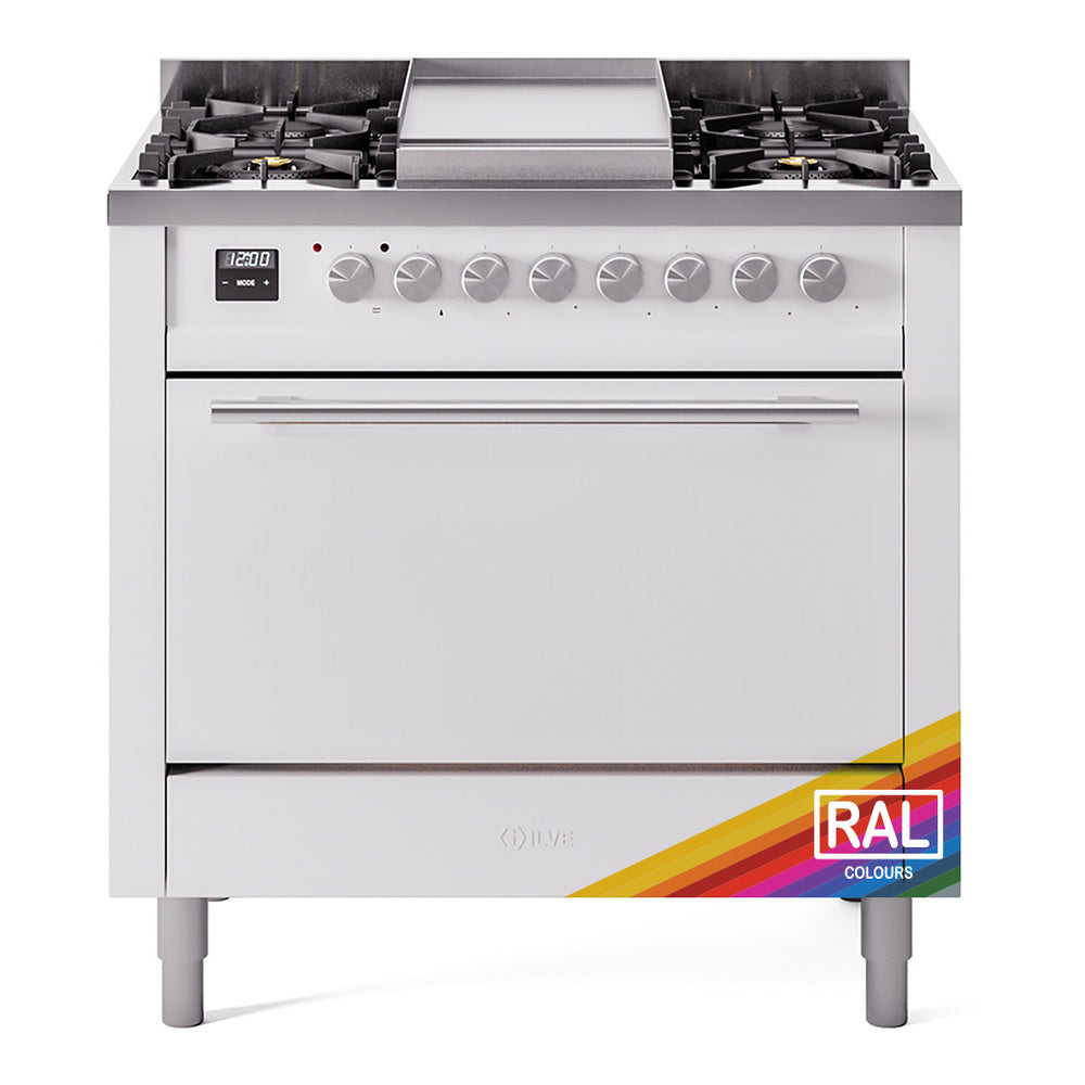 Dual fuel gas range front view with control panel, oven door, and RAL colors label