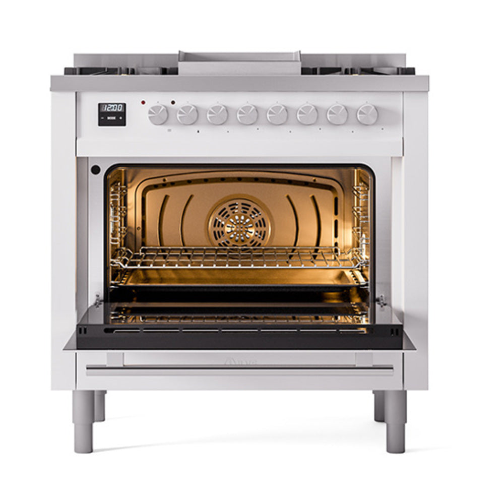ILVE dual fuel gas range with open solid-door oven, silver front panel, control knobs