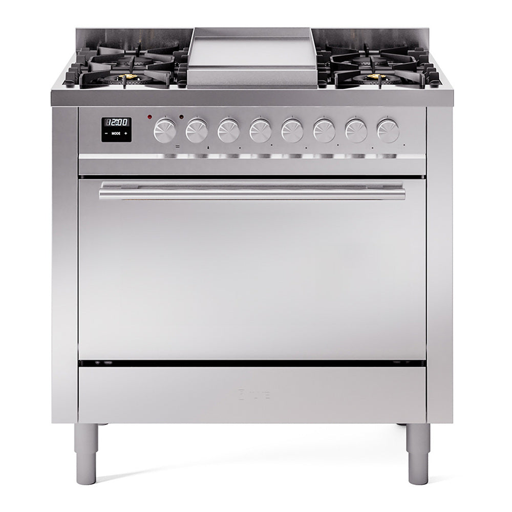 Stainless steel dual fuel range front view with six burner knobs and closed oven door