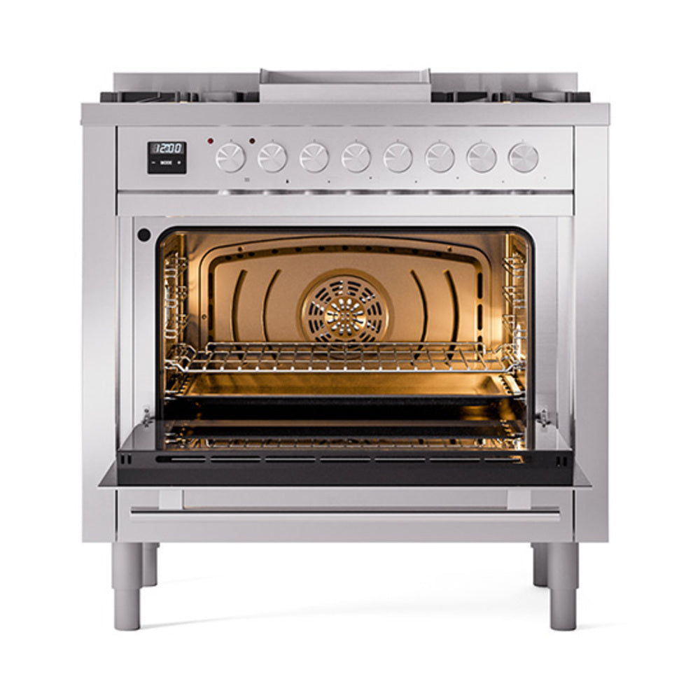 Stainless steel dual fuel range with open solid door oven and interior racks