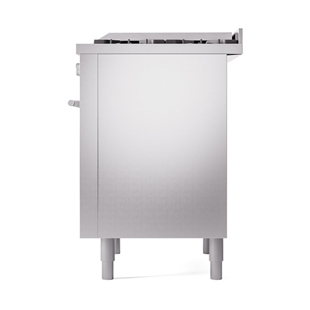 Stainless steel range back view with integrated rear vent panel and four leveling feet.