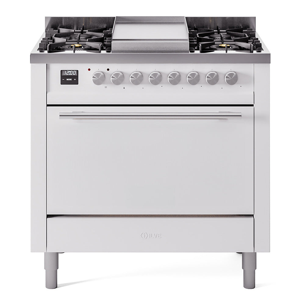 White dual fuel range front view with six burners, control knobs, and closed oven door