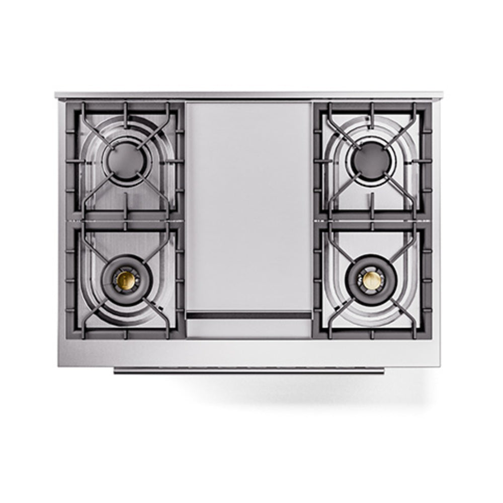 White range cooktop with four burner grates and two dual burners, exposed burner layout