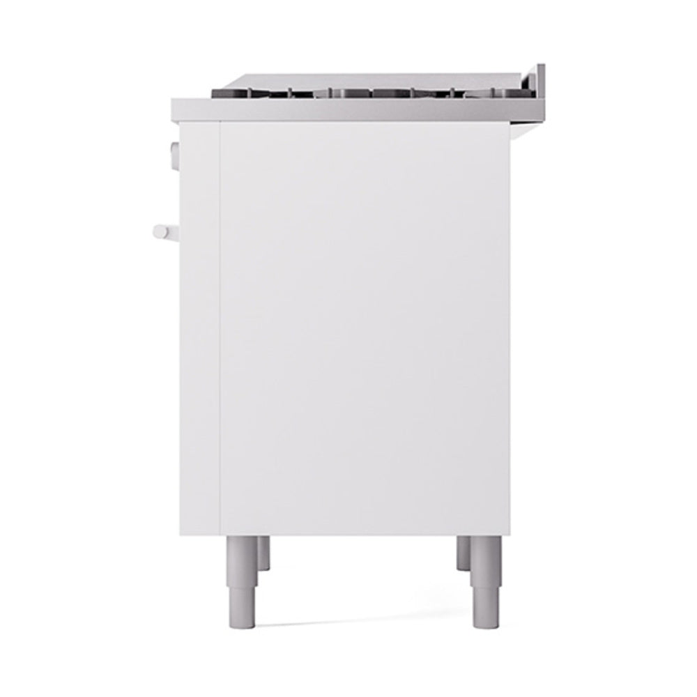 White range side view with solid oven door closed and back control details, leveling legs