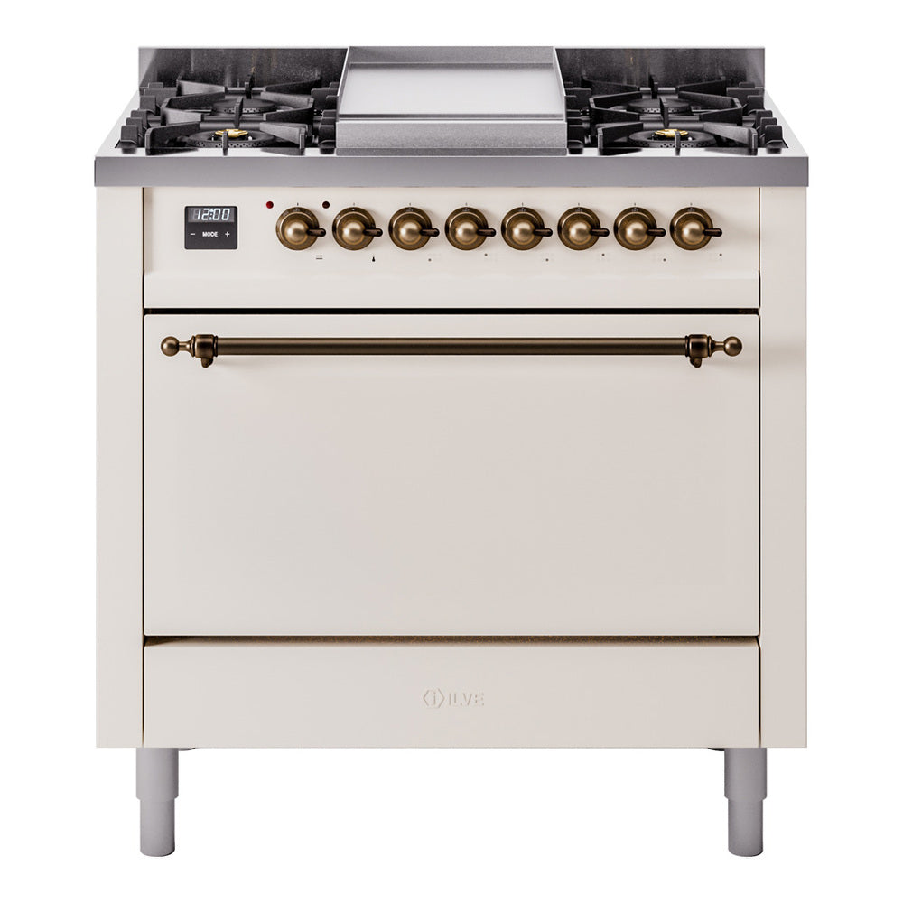 ILVE antique white dual fuel gas range with bronze knobs, 6 burners, and solid door oven