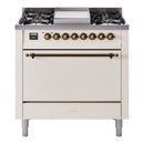 ILVE 36-Inch Nostalgie II Natural Gas Dual Fuel Range with 6 Burners and Solid Door Oven in Antique White with Bronze Trim (UP36FQNMPAWB)