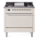 ILVE 36-Inch Nostalgie II Natural Gas Dual Fuel Range with Solid Door Oven, 6 Burners in Antique White with Chrome Trim (UP36FQNMPAWC)