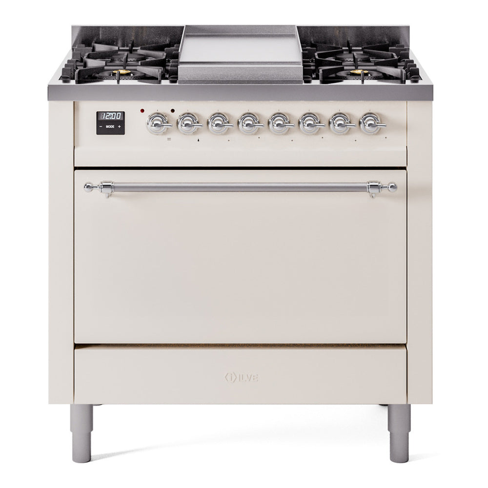 Antique white dual fuel range with six burners, central griddle, and closed oven