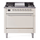 ILVE 36-Inch Nostalgie II Propane Gas Dual Fuel Range with Solid Door Oven, 6 Burners in Antique White with Chrome Trim (UP36FQNMPAWCLP)
