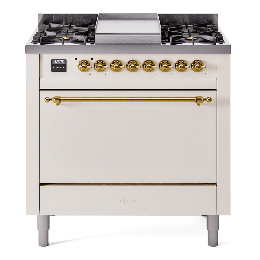 ILVE antique white dual-fuel gas range with brass knobs, 6 burners, solid door oven