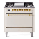ILVE 36-Inch Nostalgie II Propane Gas Dual Fuel Range with 6 Burners and Solid Door Oven in Antique White with Brass Trim (UP36FQNMPAWGLP)