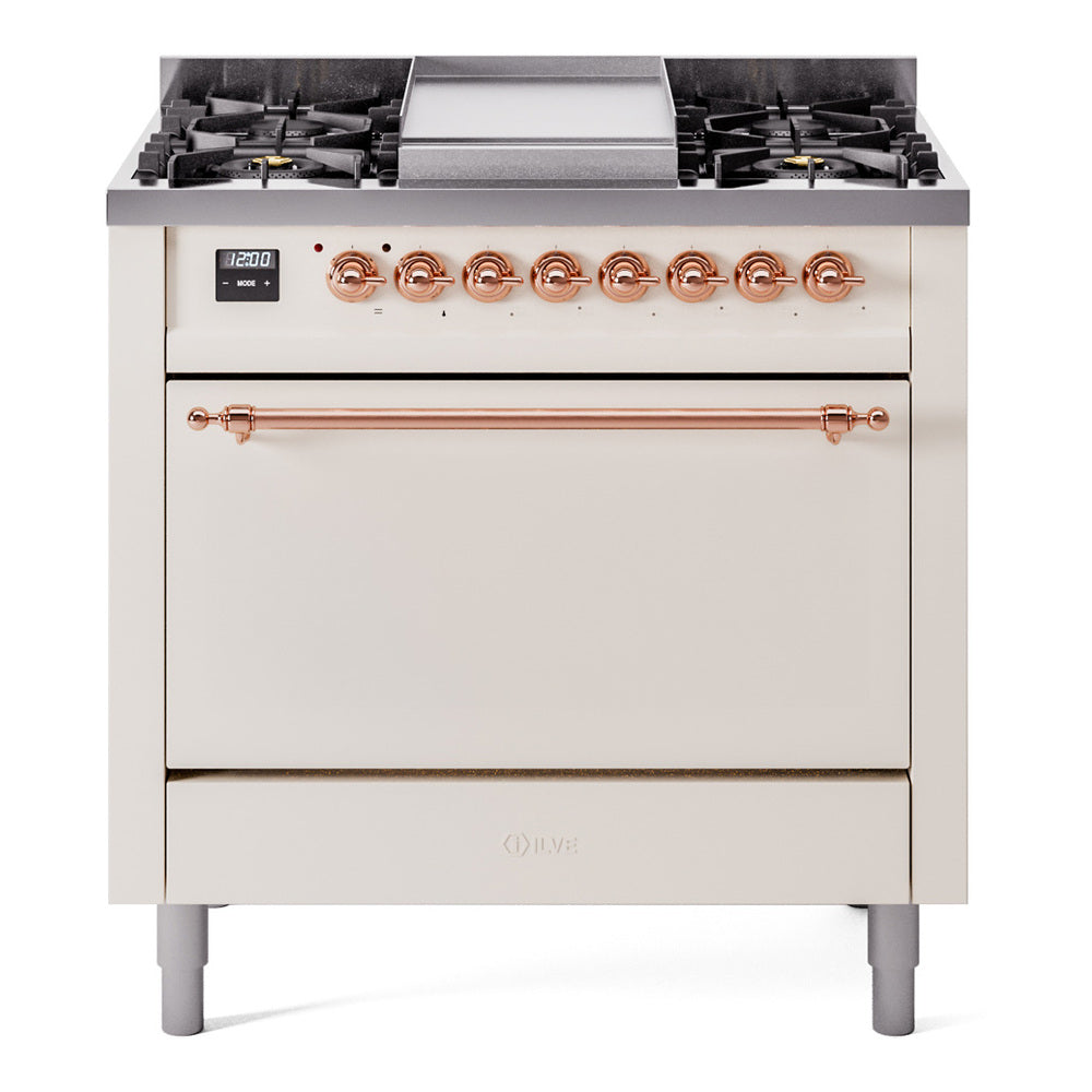 Antique white dual fuel range with six burner grates, copper bar handle, and control panel