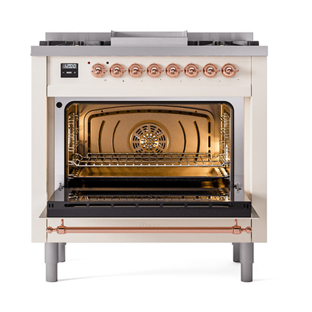 Antique white dual fuel range with open oven door and copper control knobs