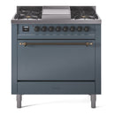 ILVE 36-Inch Nostalgie II Natural Gas Dual Fuel Range with 6 Burners and Solid Door Oven in Blue Grey with Bronze Trim (UP36FQNMPBGB)
