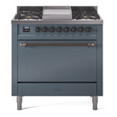 ILVE 36-Inch Nostalgie II Propane Gas Dual Fuel Range with 6 Burners and Solid Door Oven in Blue Grey with Bronze Trim (UP36FQNMPBGBLP)