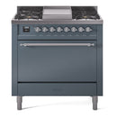 ILVE 36-Inch Nostalgie II Natural Gas Dual Fuel Range with 6 Burners and Solid Door Oven in Blue Grey with Chrome Trim (UP36FQNMPBGC)