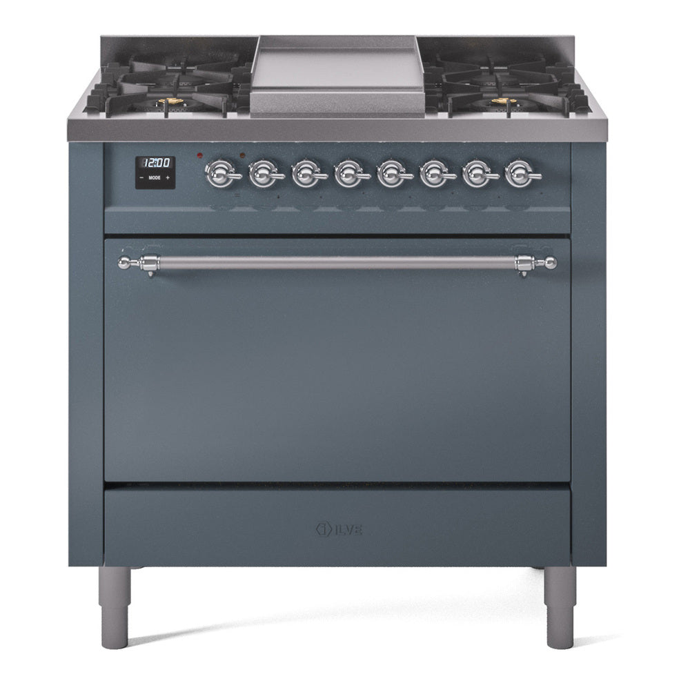 Dual fuel gas range front view with oven door, control panel, and burners, blue-grey