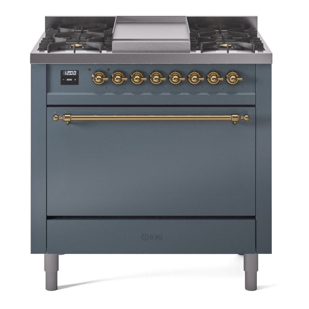 Blue grey dual-fuel gas range front with brass control knobs and closed solid door