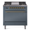 ILVE 36-Inch Nostalgie II Natural Gas Dual Fuel Range with 6 Burners and Solid Door Oven in Blue Grey with Brass Trim (UP36FQNMPBGG)