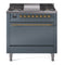 ILVE 36-Inch Nostalgie II Natural Gas Dual Fuel Range with 6 Burners and Solid Door Oven in Blue Grey with Brass Trim (UP36FQNMPBGG)