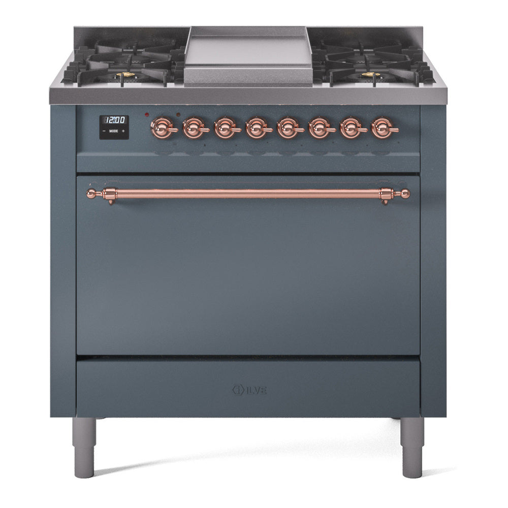 Blue grey dual-fuel range with six burner knobs, copper control accents, closed oven