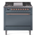 ILVE 36-Inch Nostalgie II Propane Gas Dual Fuel Range with 6 Burners and Solid Door Oven in Blue Grey with Copper Trim (UP36FQNMPBGPLP)
