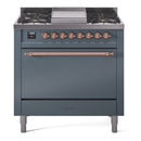 ILVE 36-Inch Nostalgie II Natural Gas Dual Fuel Range with 6 Burners and Solid Door Oven in Blue Grey with Copper Trim (UP36FQNMPBGP)