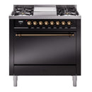 ILVE 36-Inch Nostalgie II Natural Gas Dual Fuel Range with 6 Burners and Solid Door Oven in Glossy Black with Bronze Trim (UP36FQNMPBKB)