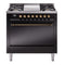 ILVE 36-Inch Nostalgie II Natural Gas Dual Fuel Range with 6 Burners and Solid Door Oven in Glossy Black with Bronze Trim (UP36FQNMPBKB)