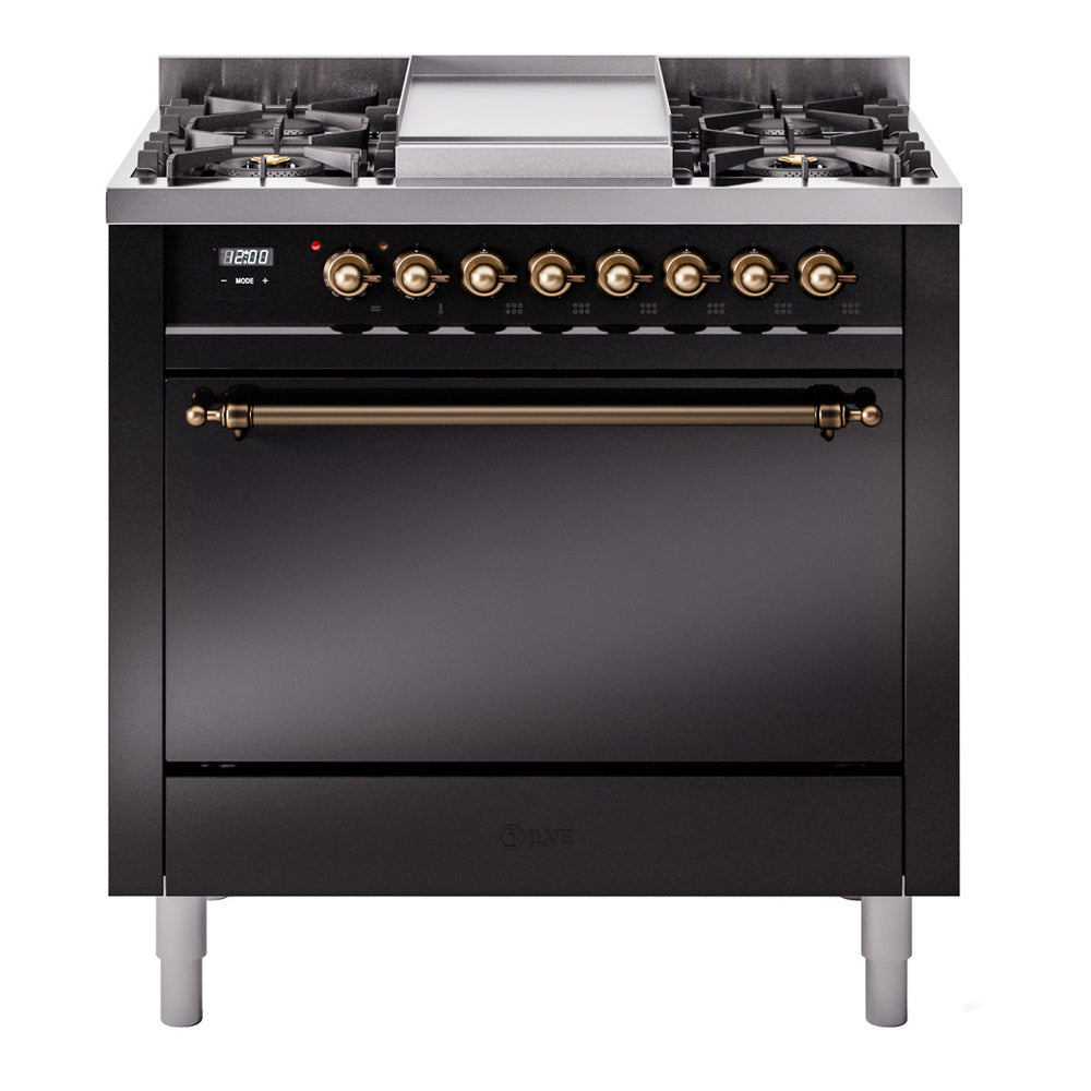 Glossy black dual-fuel range with 6-burner cooktop and closed solid door oven
