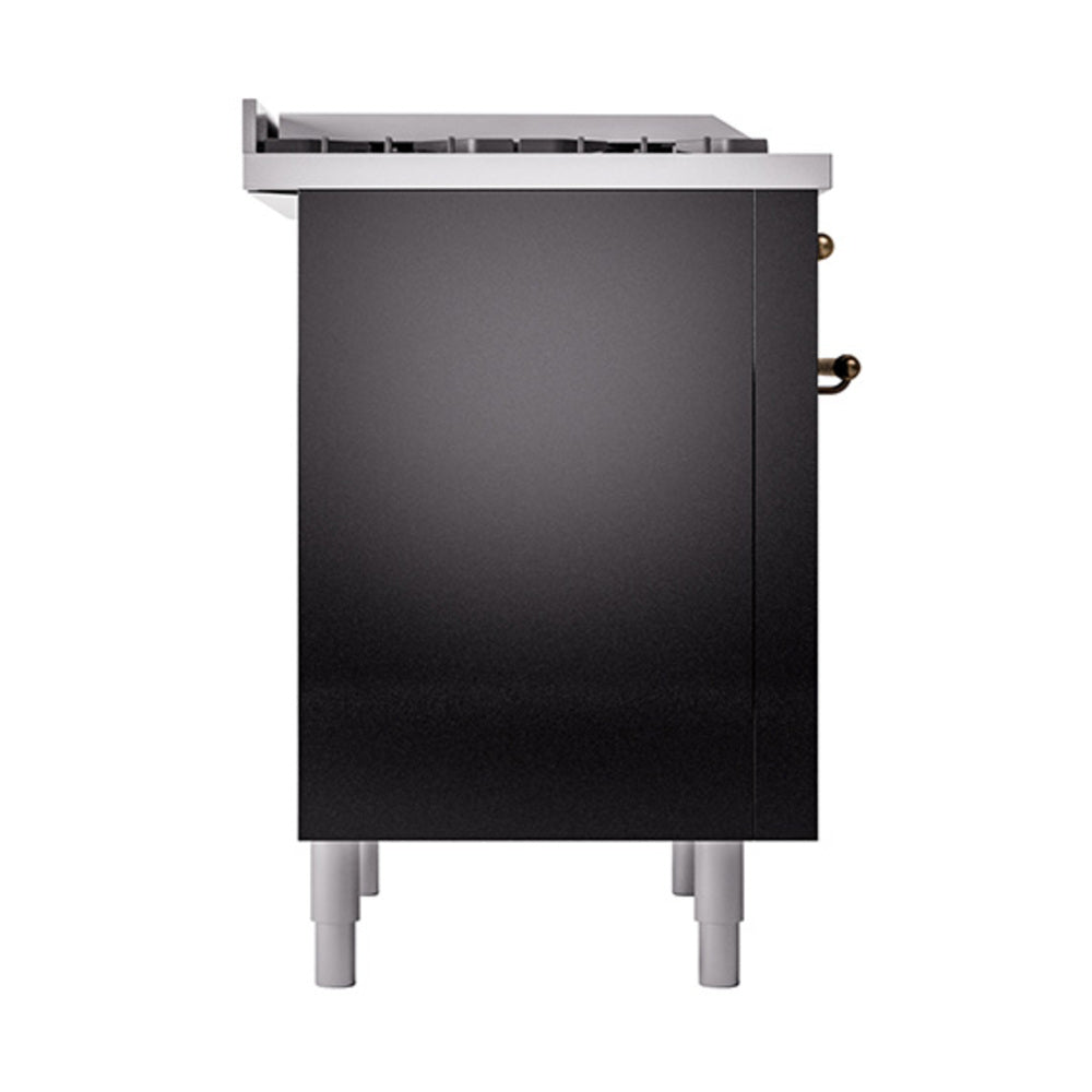 Glossy black range side panel with bronze knobs and leveling feet
