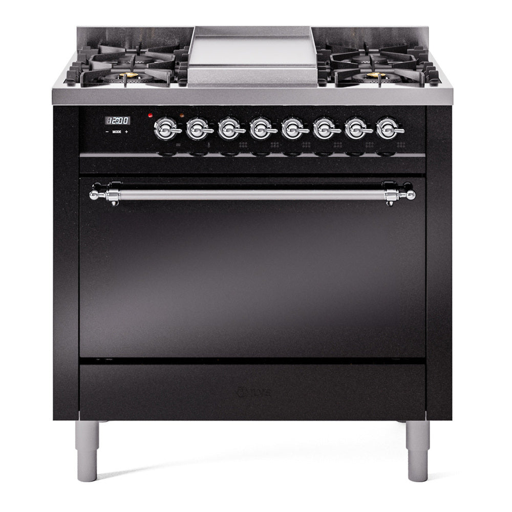 ILVE dual fuel range with cooktop burners and glossy black solid oven door closed