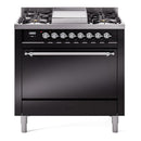 ILVE 36-Inch Nostalgie II Natural Gas Dual Fuel Range with 6 Burners and Solid Door Oven in Glossy Black with Chrome Trim (UP36FQNMPBKC)