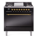 ILVE 36-Inch Nostalgie II Propane Gas Dual Fuel Range with 6 Burners and Solid Door Oven in Glossy Black with Brass Trim (UP36FQNMPBKGLP)