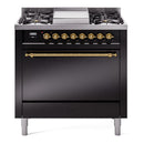 ILVE 36-Inch Nostalgie II Natural Gas Dual Fuel Range with 6 Burners and Solid Door Oven in Glossy Black with Brass Trim (UP36FQNMPBKG)