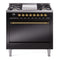 ILVE 36-Inch Nostalgie II Natural Gas Dual Fuel Range with 6 Burners and Solid Door Oven in Glossy Black with Brass Trim (UP36FQNMPBKG)