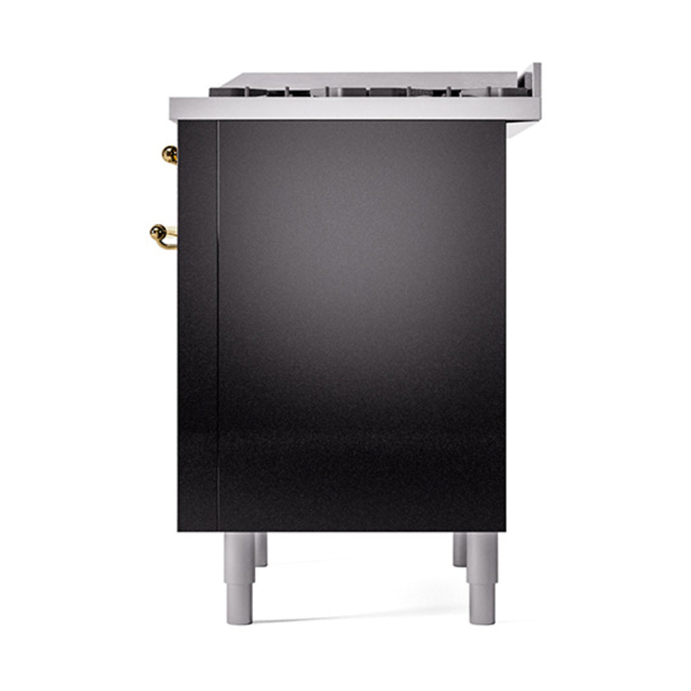 Black range side view with glossy door panel and brass hinge hardware