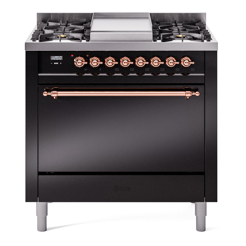Glossy black dual fuel range with six burner knobs and solid door oven, copper trim