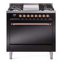 ILVE 36-Inch Nostalgie II Propane Gas Dual Fuel Range with 6 Burners and Solid Door Oven in Glossy Black with Copper Trim (UP36FQNMPBKPLP)